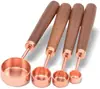 Juego de ocho cucharas medidoras y tazas medidoras de acero inoxidable con mango de madera de acacia, utensilios de cocina para hornear, juego de cucharas medidoras y básculas de bar.