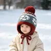 Gorro de invierno para niños con protección para las orejas, con pompón y diseño de punto, apto para niños y niñas, engrosado para abrigar