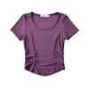 Camiseta de verano 2023 para mujer, cuello redondo, plisada, ajustada, corta, de color liso, con el ombligo al descubierto