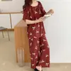 Pijama Familiar de Algodão e Seda Feminino Estilo Chinês Estampado com Amarração Algodão e Seda Roupa de Casa Elegante Fresco Sensação de Alta Classe Conjunto de Manga Curta Fino