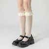 Meias Fio de Renda Finas para Primavera e Verão para Mulheres com Laços Lolita Off-White Fofas Estilo JK Japonês Estilo Ballet Meia da Panturrilha