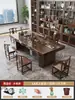 Conjunto de Mesa de Chá de Madeira Maciça em Laje Grande e Cadeiras Mesa de Café de Tronco Estilo Chinês Novo Mesa de Chá de Escritório Integrada com Chaleira e Conjunto de Chá