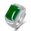 Anel vintage com pedra de sela incrustada de diamantes, imitação de calcedônia, anel aberto de jade verde imitação de Jaspe Hotan para atacado
