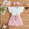 Exportación Europea y Americana Especialmente Diseñado para Bebés y Niños Pequeños de Primavera y Verano, Conjunto de Tres Piezas con Tops de Mangas Cortas de Color Sólido, Faldas Cortas y Accesorios para la Cabeza