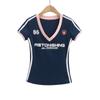 Camiseta de Manga Larga con Estampado de Contraste y Cuello en V Sexy Estilo Retro Americano para Mujer Traje de Verano Deportivo con Efecto Adelgazante Shorts y Pantalones Cortos
