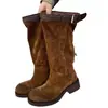 Botas Largas Apiladas con Tacón Grueso Hebilla Plisadas Estilo Retro Coreano para Mujer 2026 Otoño Nuevo Estilo Elegantes de Caña Alta Adelgazantes