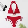 Traje de baño de nuevo estilo para comercio exterior transfronterizo Bikini de atar Europeo y Americano Sexy Color Sólido Traje de baño Bikini para Vacaciones en la Playa