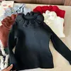 Camiseta Base Infantil Feminina Outono e Inverno 2025 Novo Estilo Gola de Renda Dupla Camada Tricô Espesso Macia e Versátil