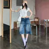 Shorts de Mezclilla Americanos Retro Sueltos Lavados de Siete Puntos para Mujer Diseño de Calle Alto Pierna Ancha Longitud Media Azul Mezclilla Yi Chun