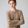 Cardigã feminino de cashmere com gola redonda, trança, mangas compridas, cor sólida, caimento justo, jaqueta de abotoamento simples para outono e inverno