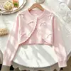 Cárdigan Corto de Punto 3D con Lazo para Niñas Suéter Abrigo de Cuello Redondo Ropa de Abrigo Infantil Chal Estilo Versátil Otoño Invierno