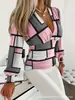 2024 Outono Manga Longa Moda Gola V Camisa Feminina Slim Roupa Feminina