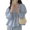 Camisa de gasa de manga larga estilo occidental, ligera, de lujo, de alta calidad y antiedad, con estampado floral azul para mujer, primavera