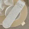 Calcetines Delgados de Malla Color Blanco Frío-Gris Estilo Coreano con Bordes Fruncidos, Moño, Etiqueta de Tela Rayada, Largo hasta la Media Pantorrilla, Algodón, Sin Costuras