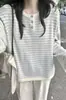 Suéter tejido casual de rayas azules con color de contraste, nuevo top pullover holgado para mujer de primavera y otoño, moderno