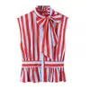 Moda Feminina Nova Estilo Europeu e Americano Primavera 2026 Camisa Listrada Sexy Hot Girl Decorada com Laço 3091320