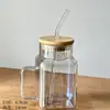 Taza Cuadrada de Vidrio de Borosilicato de Gran Capacidad con Tapa de Bambú, Asa y Popote, Vaso de Agua Colorido de Alta Apariencia