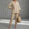 2026 Moda Transfronteriza Europea y Americana Primavera/Verano Conjunto de Top Casual con Cuello en V y Manga Tres Cuartos para Mujer y Pantalones Jogger de Corte Holgado
