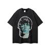 Camiseta de manga corta con lavado pesado, estampado funerario oscuro de estilo urbano europeo y americano, cuello pequeño para hombre y mujer, manga media antigua.