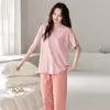Pijama de Verano para Mujer Algodón Modal Delgado Cuello Redondo Manga Corta Pantalones Holgado y Cómodo Casual Se Puede Usar Fuera de Casa Ropa de Casa