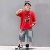 Conjunto de Verano de Manga Corta para Niños 2026 Nuevo Estilo Niños Medianos y Grandes Verano Niño Rayas Manga Corta Pantalones Cortos de Mezclilla para Niños Moderno