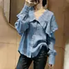 Top Azul Elegante de Alta Qualidade Europeu para Mulheres, Novo Casual Relaxado Confortável Versátil Camisa de Linho Verão 2026