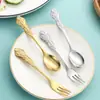 Juego de Regalo de Acero Inoxidable Transfronterizo con Cuchara y Tenedor Creativos de Relieve Estilo Palacio, Tenedor para Frutas, Cuchara para Café, Tenedor para Postre