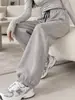 Calça Jogger Feminina Cinza Solta, Calça Casual Outono e Inverno com Bolsos Laterais, Estilo Preguiçoso, Calça de Moletom Estilo Americano com Forro de Lã de Inverno