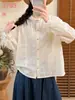 Nueva ropa de otoño para mujer 2026: camisa bordada con volantes, blusa casual artística y juvenil con cuello alto
