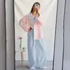 Otoño Invierno 2026 Nuevo Transfronterizo Europeo y Americano Bloqueo de Color Azul y Rosa Algodón Puro Holgado Manga Larga Pantalón Largo Conjunto de Ropa para el Hogar Pijama Mujer
