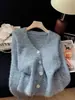 Cárdigan de punto azul de alta gama con cuello en V para mujer, otoño, nicho, casual, versátil, de corte holgado y adelgazante