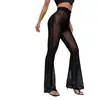 Calça de Verão Nova Europeia e Americana Transparente de Renda com Barra Flare Moda Verão Sexy de Cintura Alta Respirável Casual