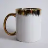 Taza de lados rectos con borde dorado, taza de cerámica pintada en dorado, asa totalmente dorada, taza de porcelana blanca, taza de café, taza de cerámica dorada