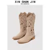 Botas Longas Emagrecimento Vazadas 2026 Novo Estilo de Verão Salto Grosso Bico Fino Botas Western Cowboy Versátil Retro Respirável
