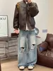 Chaqueta de Cuero PU Biker Retro Americana con Cuello Alto para Hombre Otoño de Alta Gama Estilo Pizazz Atractivo Uniforme de Béisbol Ropa de Abrigo Y2K