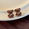 Aretes de Oso de Peluche con Lazo de Dibujos Animados Estilo Inglés Dulces Lindos Pequeños Marrones Flocking Aretes Orejas Femeninas