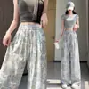 Pantalones Boho de Lino Seda de Hielo con Estampado Retro de Pierna Ancha para Mujer, Delgados, Holgados con Caída, Pantalones Casuales Adelgazantes