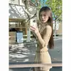 ¡Llegó! Vestido de punto con cuello en V, manga larga y cinturón para mujer, vestido corto de punto plisado retro ajustado para otoño/invierno