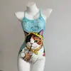 Novo maiô de natação para mulheres, com design sem costas, controle abdominal, efeito modelador e uma estampa de desenho animado doce, fofa e adorável, perfeito para treinos na piscina