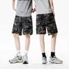 Pantalones Cortos de Punto con Graffiti de Letras para Hombre, Estilo Delgado de Verano, Pantalones de Estampado Completo de Estilo Americano de Moda, Shorts de Cinco Puntos Retro para Vacaciones en la Playa