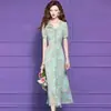 Vestido verde estampado Feimengyi para mulheres, de manga curta, para verão, leve, respirável, rejuvenescedor, plissado, acinturado, decote V, longo
