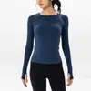 Camiseta Esportiva de Yoga Manga Longa Personalizada Transfronteiriça para Mulheres Gola Redonda Cor Sólida Respirável Secagem Rápida Proteção para os Dedos Fitness Manga Longa