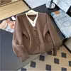 Cárdigan de punto retro de dos piezas falsas con cuello en V 2026, suéter casual holgado estilo francés para mujer, prenda exterior de moda
