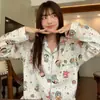 Pijama de Algodão Imitado para Mulheres, Manga Longa e Calça Longa, Cardigã para Primavera e Outono, Estilo Casual Simples de Alta Qualidade, Conjunto de Pijama Plus Size para Mulheres