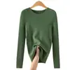 Suéter de punto acanalado beige con cuello redondo para mujer, nueva camisa base ajustada lista para usar de otoño e invierno, top para mujer
