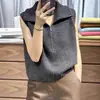 Chaleco de lana estilo coreano para mujer, corte holgado, media cremallera, cuello camisero, cuello alto, sin mangas, suéter de punto, estilo universitario