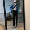 Jeans preto cropped reto para mulheres 2023 novo primavera e outono cintura alta solto afina silhueta calça reta com forro de fleece pequeno