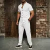 Novo conjunto masculino de marca independente transfronteiriça, malha waffle, cor sólida, respirável, casual, para atividades ao ar livre, gola alta, manga curta, calça longa