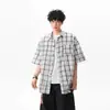 Camisa a Cuadros Juvenil de Manga Corta Estilo Japonés Unisex Verano Moderna Clásica Camisa con Bloques de Color Casual Holgada Chaqueta Moderna