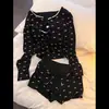 Pode Ser Usado Fora, Pijama Puro e Desejável com Estampa de Laços Estilo Menina, Estilo Verão Feminino com Bojos, Shorts de Alça, Conjunto de Três Peças para Casa